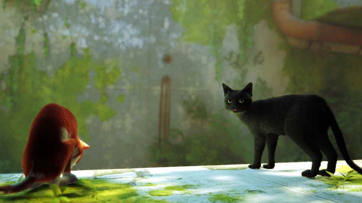 Stray with the main character modded to be a black cat with green eyes.