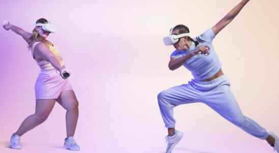 Two people dancing around using the Oculus Quest 2 on a pink gradient background