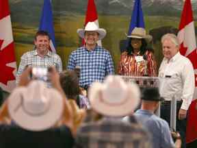 Les candidats à la direction du parti conservateur Roman Baber, Pierre Poilievre, Leslyn Lewis et Jean Charest ont chacun prononcé un bref discours lors de l'événement Stampede BBQ du Parti conservateur du Canada qui s'est tenu au Heritage Park à Calgary le samedi 9 juillet 2022.