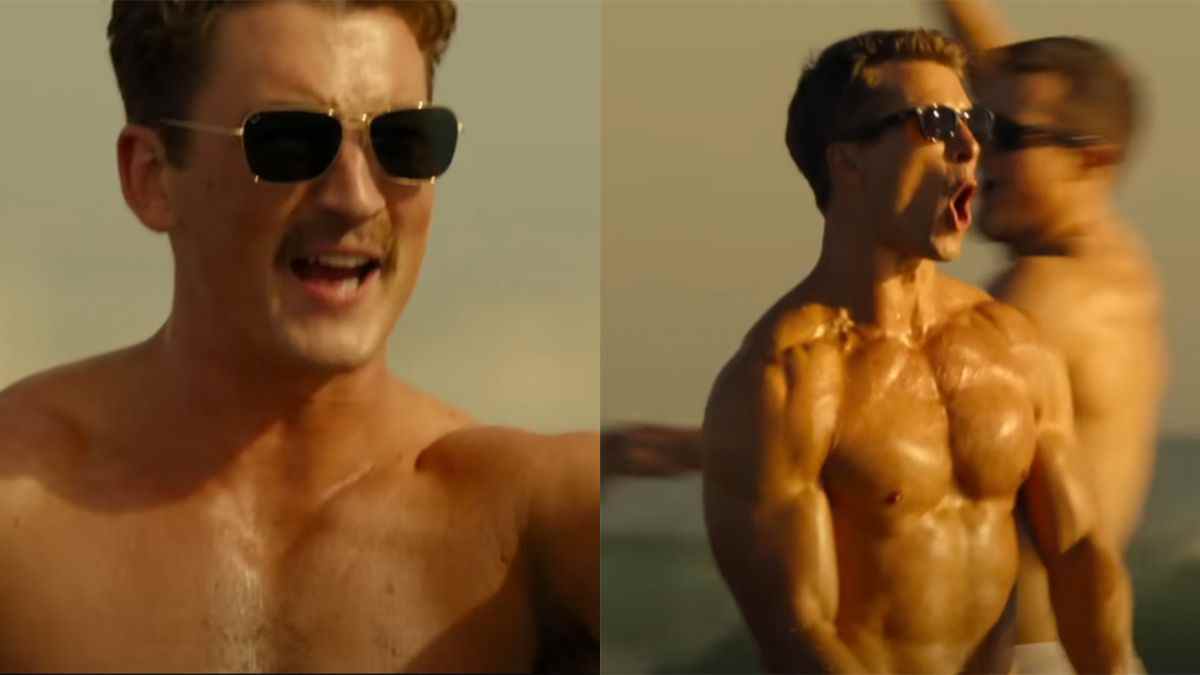 BTS footage of Miles Teller and Glen Powell filming the beach football scene. 