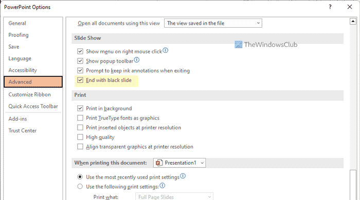 Comment désactiver l’option Terminer avec une diapositive noire dans PowerPoint