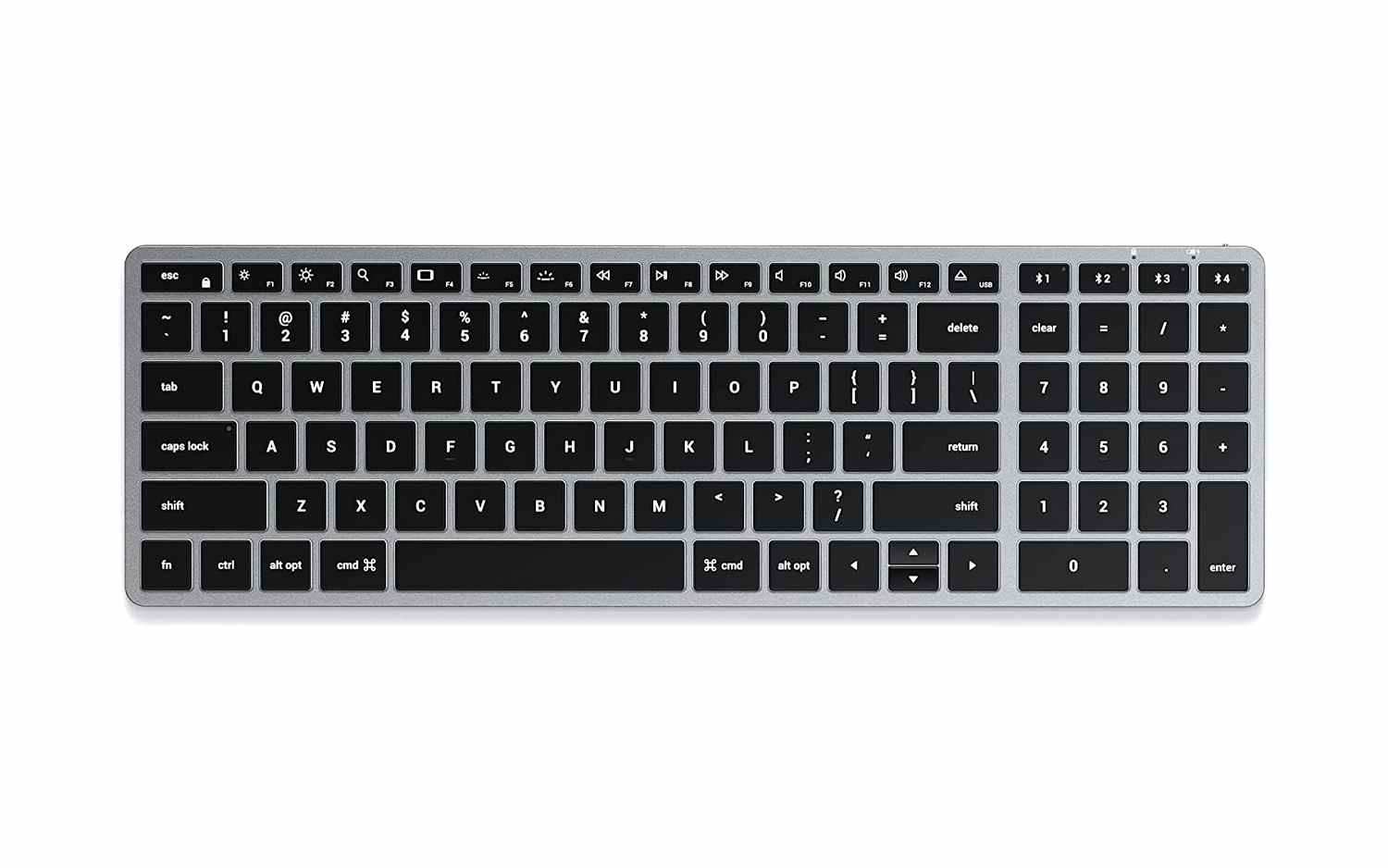 meilleurs accessoires de retour à l'école pour MacBook : clavier rétroéclairé Bluetooth Satechi Slim X2 sur fond blanc