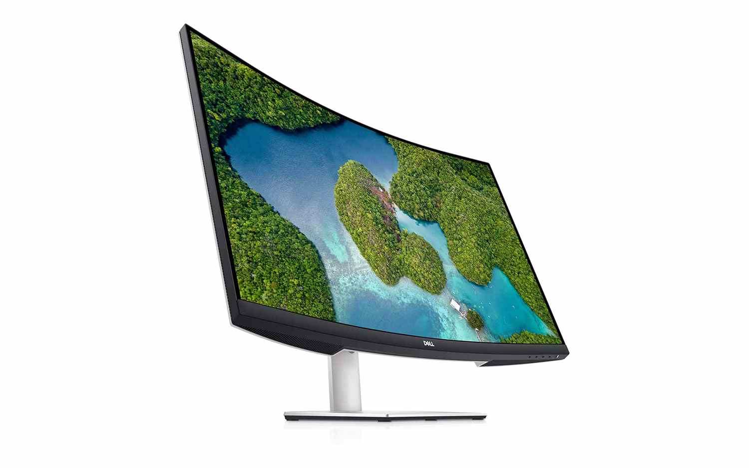 meilleurs accessoires de retour à l'école pour MacBook : moniteur incurvé Dell 4K S3221QS sur fond blanc