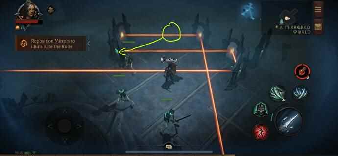 Un personnage faisant glisser un miroir pour diriger un faisceau de lumière dans Diablo Immortal