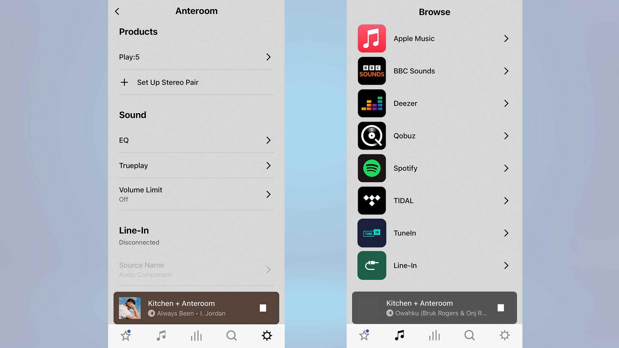 Capture d'écran de l'application Sonos montrant les options de section d'entrée de ligne