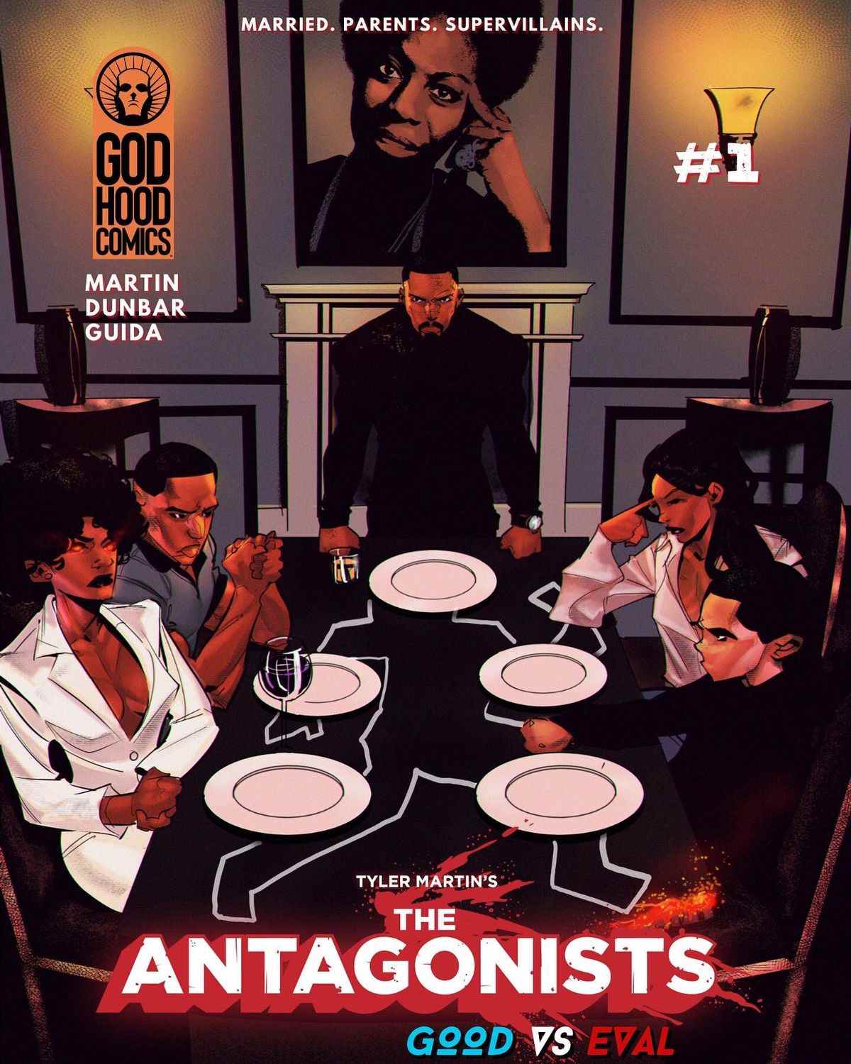 Couverture du premier numéro de The Antagonists, mettant en vedette un groupe autour d'un dîner avec un contour du corps à la craie dessus et la légende « Marié.  Parents.  Super-vilains.