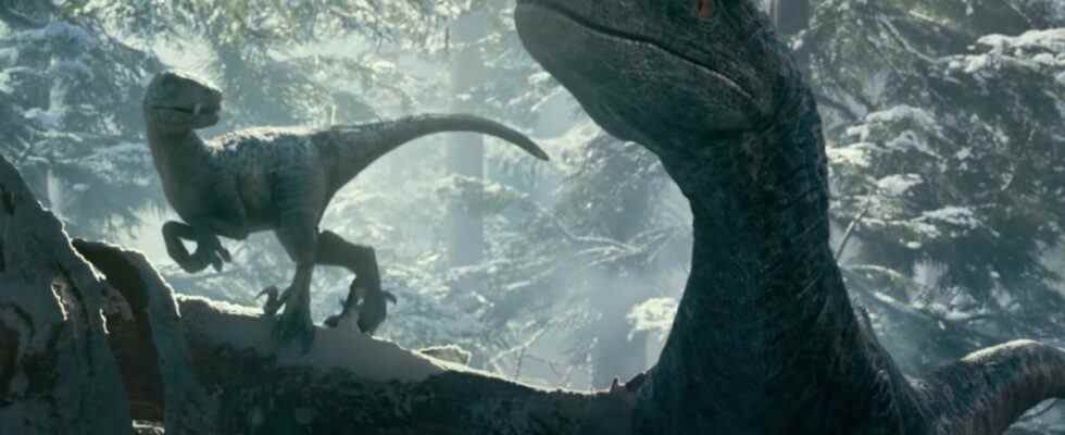 Blue and her baby together in the snowy woods in Jurassic World: Dominion.