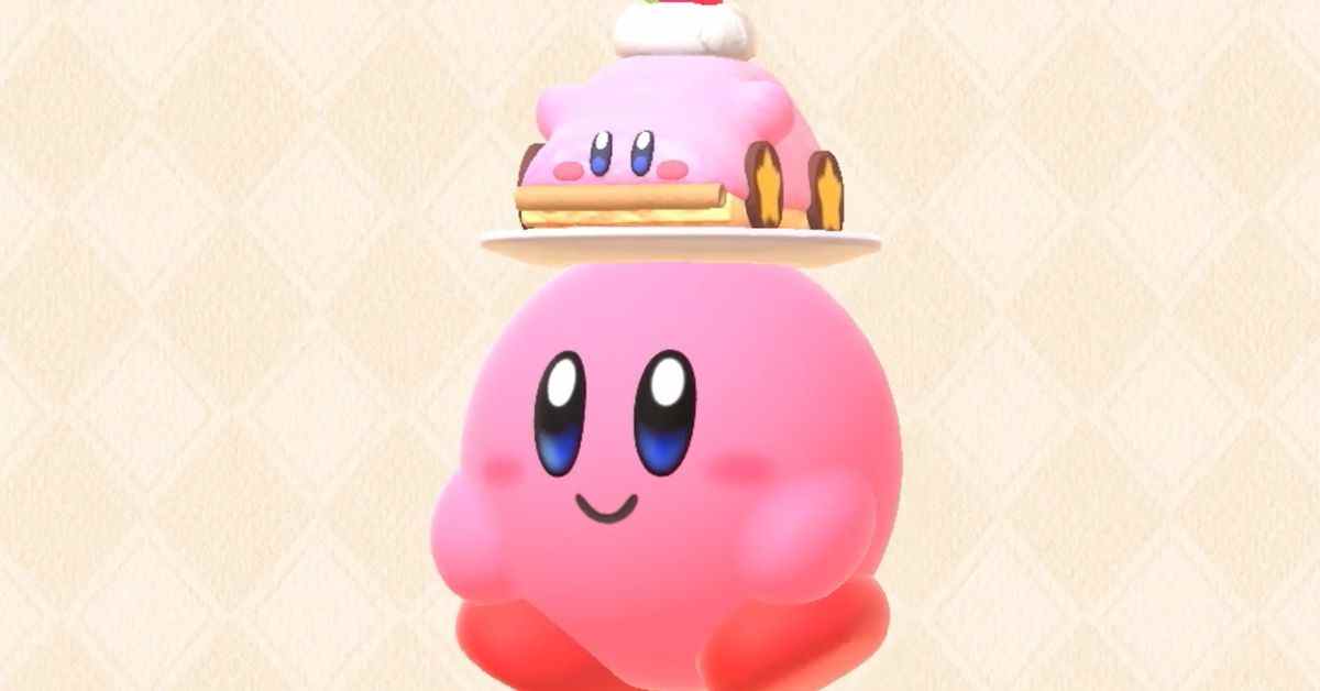 Kirby peut porter un chapeau de gâteau de voiture Kirby dans Kirby's Dream Buffet
