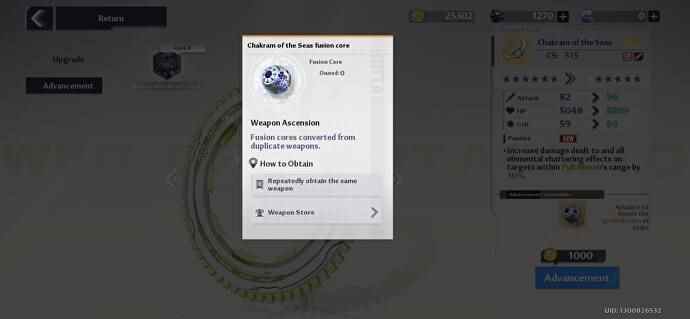Le Chakram of the Seas Fusion Core est affiché dans le menu de mise à niveau des armes dans Tower of Fantasy.