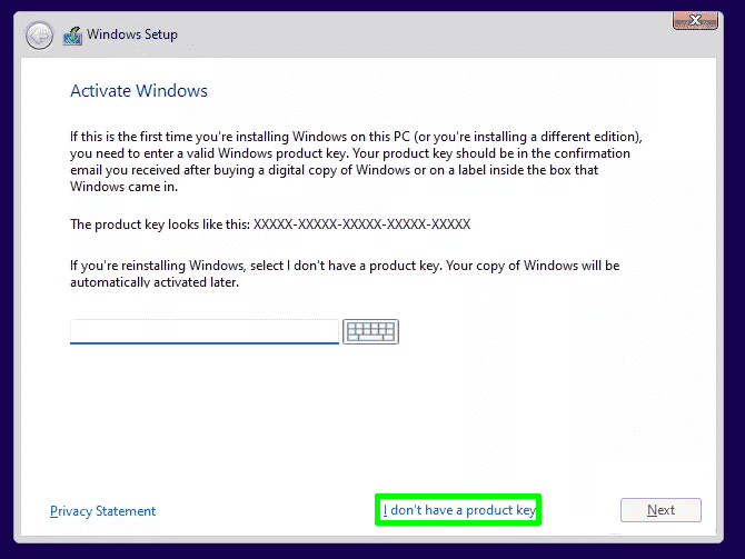 Cliquez sur Je n'ai pas de clé de produit lors de l'installation