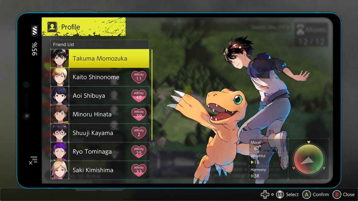 Le menu d'affinité dans Digimon Survive