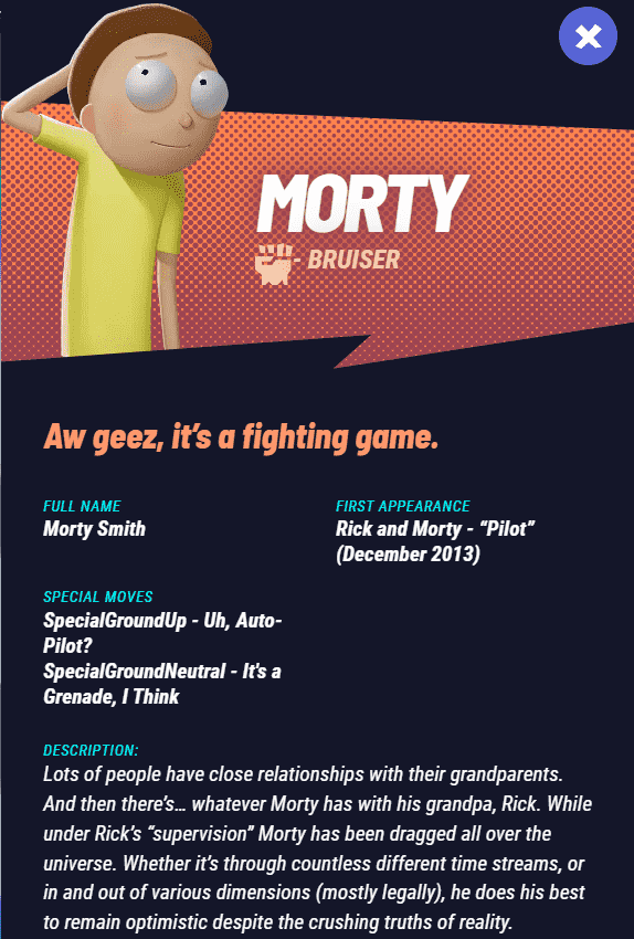 Profil de Morty Smith vu sur Multiversus 