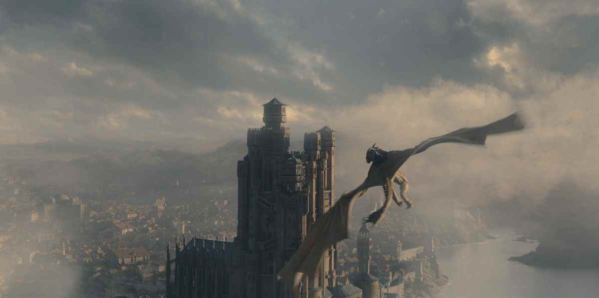 Un dragon survolant une ville de Game of Thrones