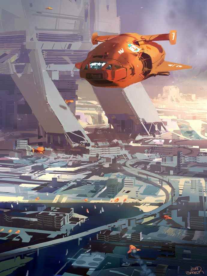 « Vaisseau spatial orange au-dessus de la ville » par Sparth