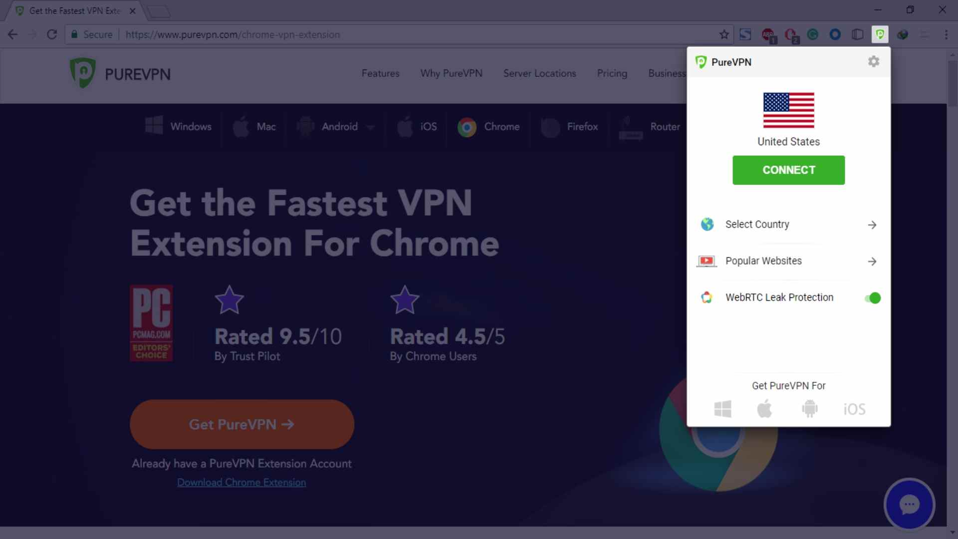 L'extension Chrome de PureVPN est utilisée.