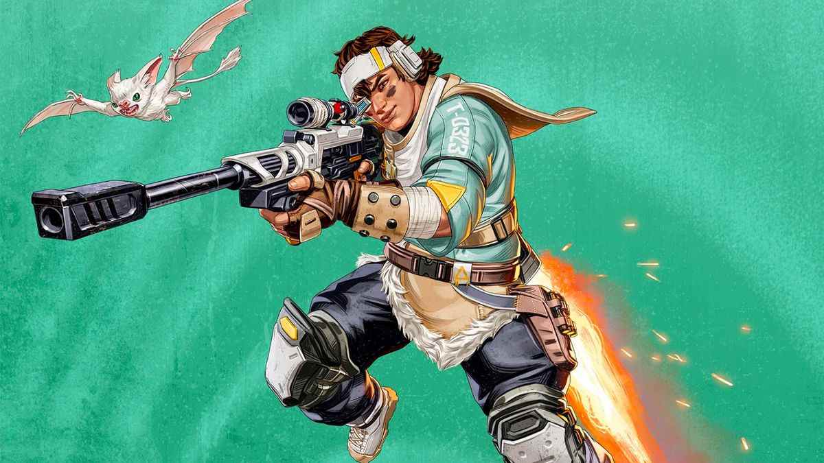 Illustration du nouveau personnage d'Apex Legends, Vantage, pointant son fusil de sniper tandis que la chauve-souris domestique Echo vole à proximité