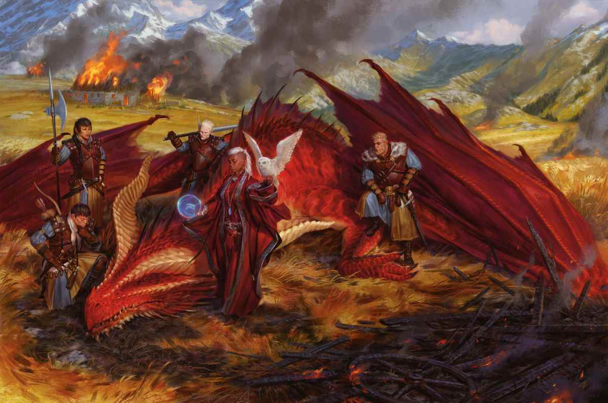 Un groupe d'aventuriers pose pour un... un tableau ?... à côté de leur dragon rouge fraîchement capturé.