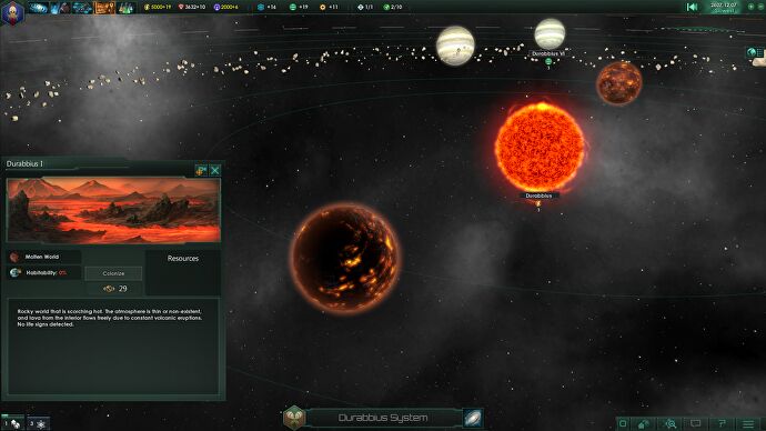 Une capture d'écran de Stellaris de 2016, montrant le système planétaire Durabbius I