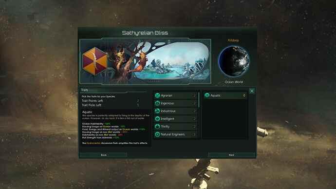 L'écran de menu de la fonction aquatique de Stellaris en 2021.