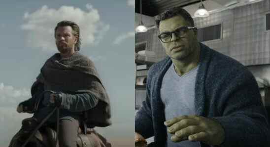 Ewan McGregor riding the desert in Obi-Wan Kenobi and Mark Ruffalo sitting in a diner as Smart Hulk in Avengers: Endgame, pictured side by side.