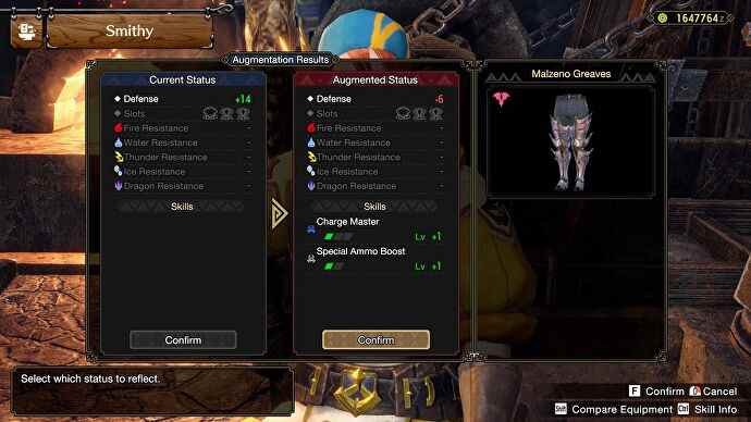 L'interface utilisateur d'amélioration de l'armure dans Monster Hunter Rise Sunbreak