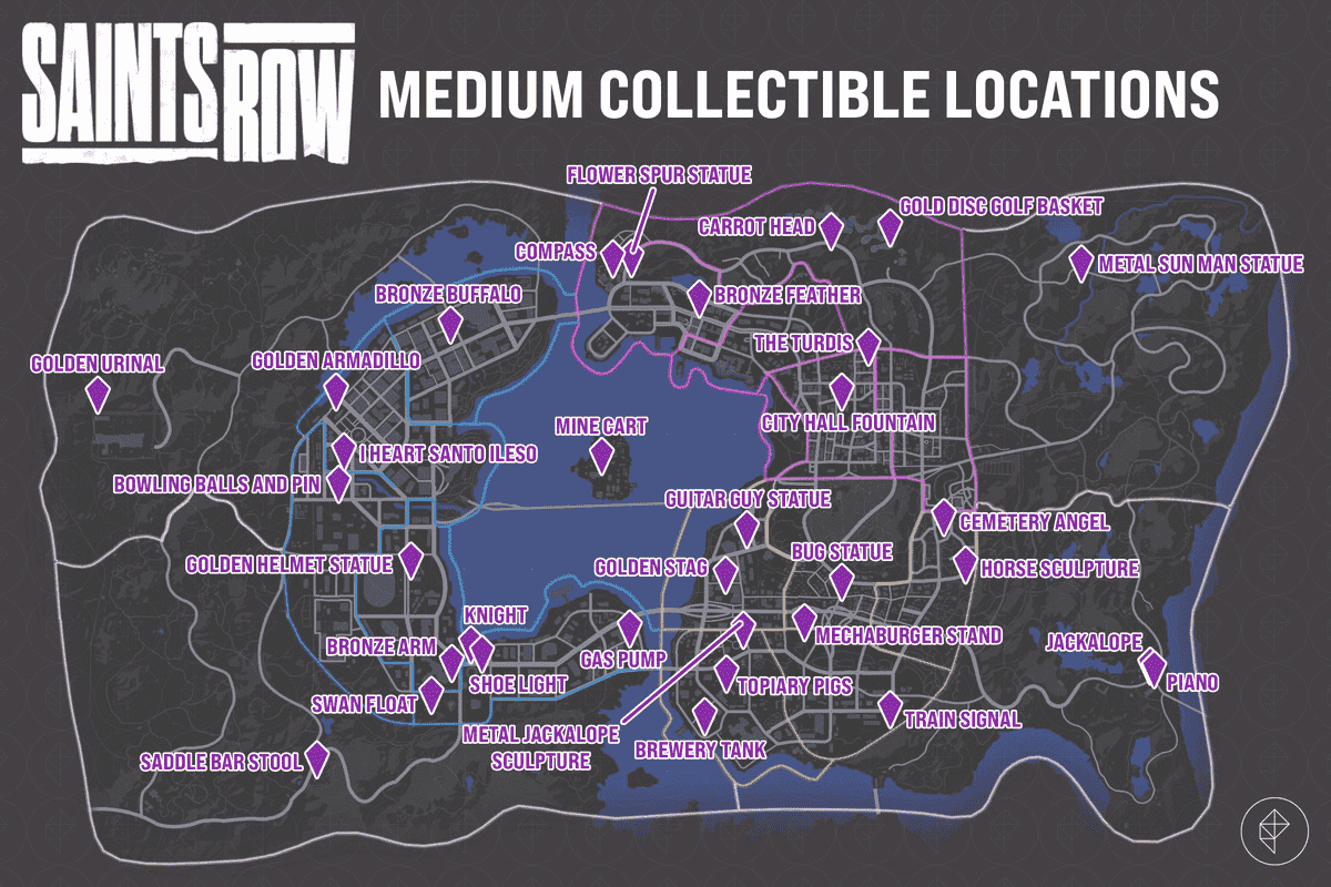 Carte de Saints Row montrant les emplacements des objets de collection moyens.