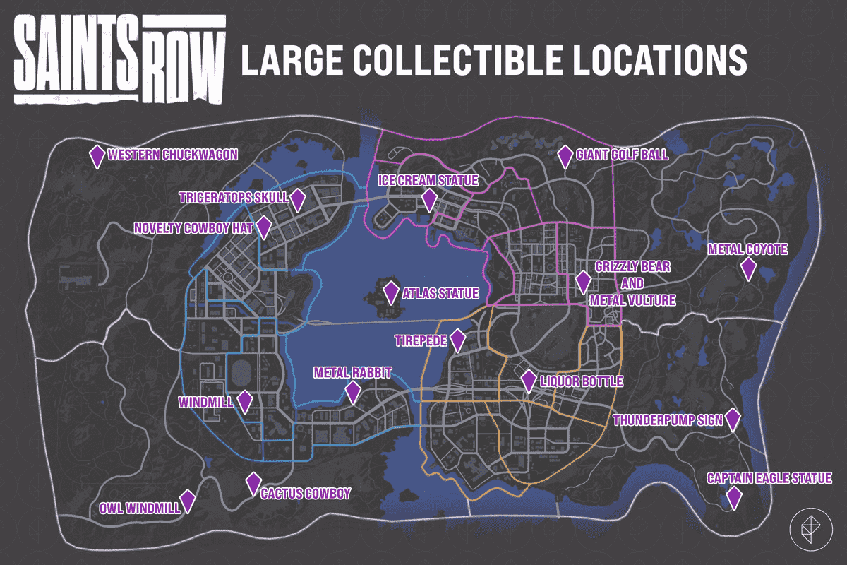 Carte de Saints Row montrant de grands emplacements de collection.