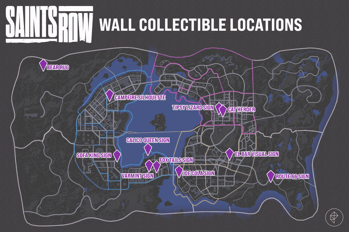 Carte de Saints Row montrant les emplacements des murs à collectionner