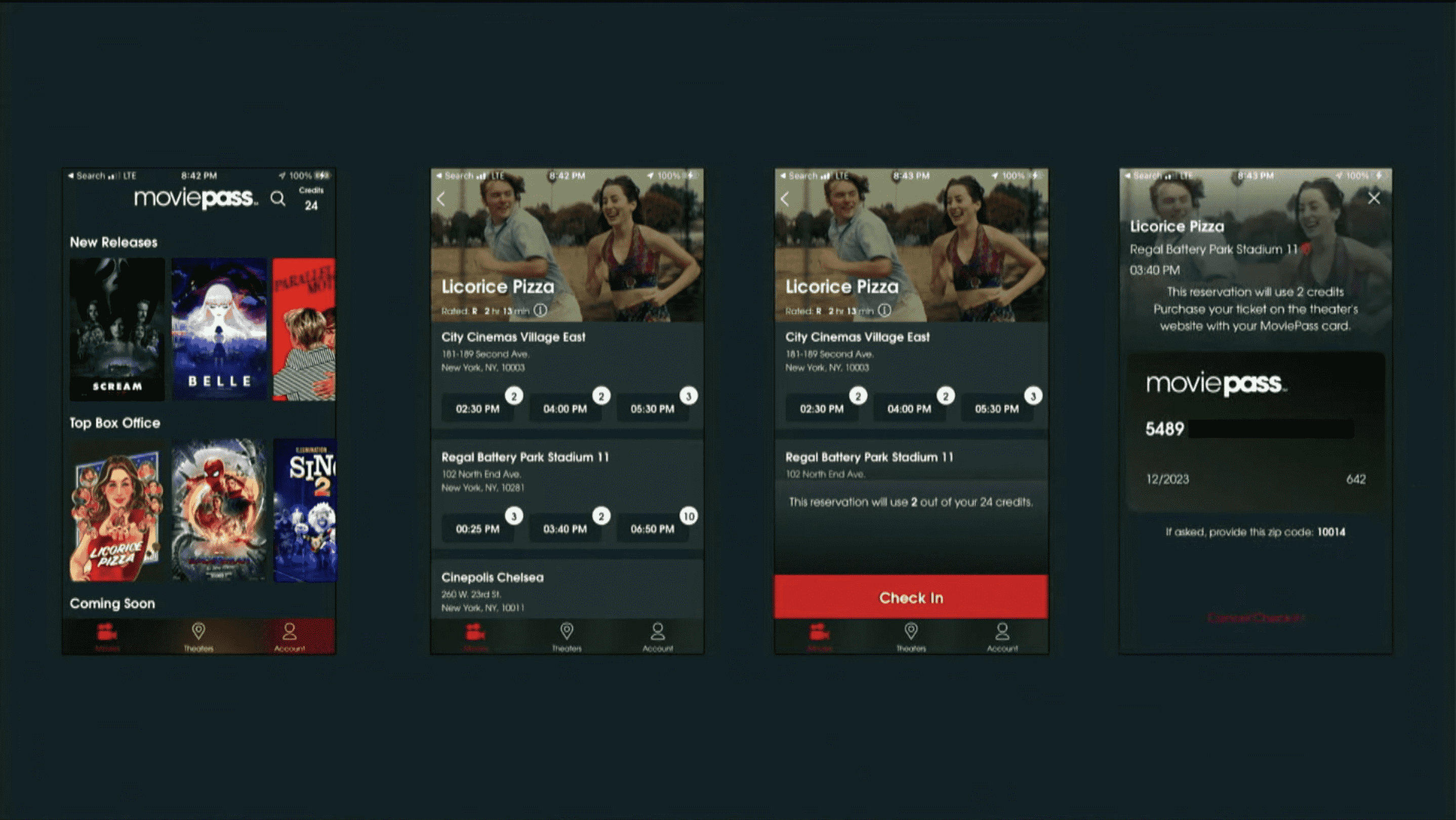 Écrans de l'application MoviePass 2.0