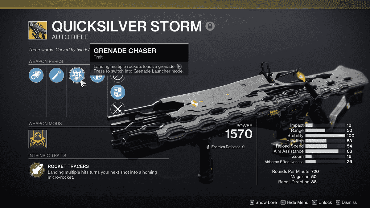 Le menu Exotic pour le Destiny 2: Fusil automatique Lightfall Exotic, Quicksilver Storm