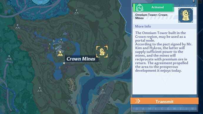 Capture d'écran de Tower of Fantasy montrant l'emplacement de la Crown Mines Omnium Tower, avec le marqueur entouré d'une boîte en or.