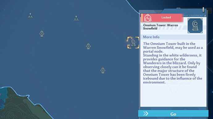 Capture d'écran de Tower of Fantasy montrant la carte couverte de Warren Snowfields, avec l'emplacement de la Warren Omnium Tower marqué par une boîte dorée.