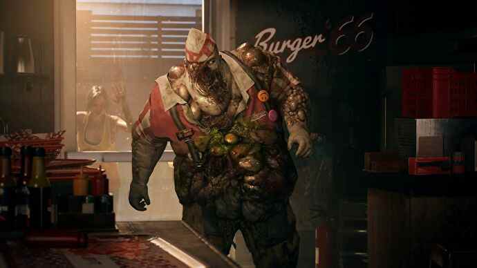 Un zombie gonflé de Dead Island 2, couvert de ce qui semble être des pustules, se tient à l'arrière d'un restaurant de hamburgers, portant toujours une partie de l'uniforme