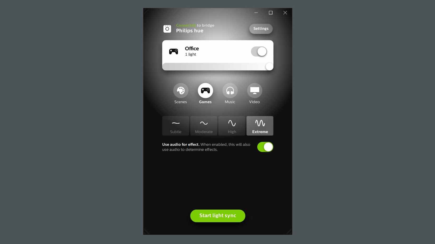 Une capture d'écran de l'application Hue Sync exécutée sur PC