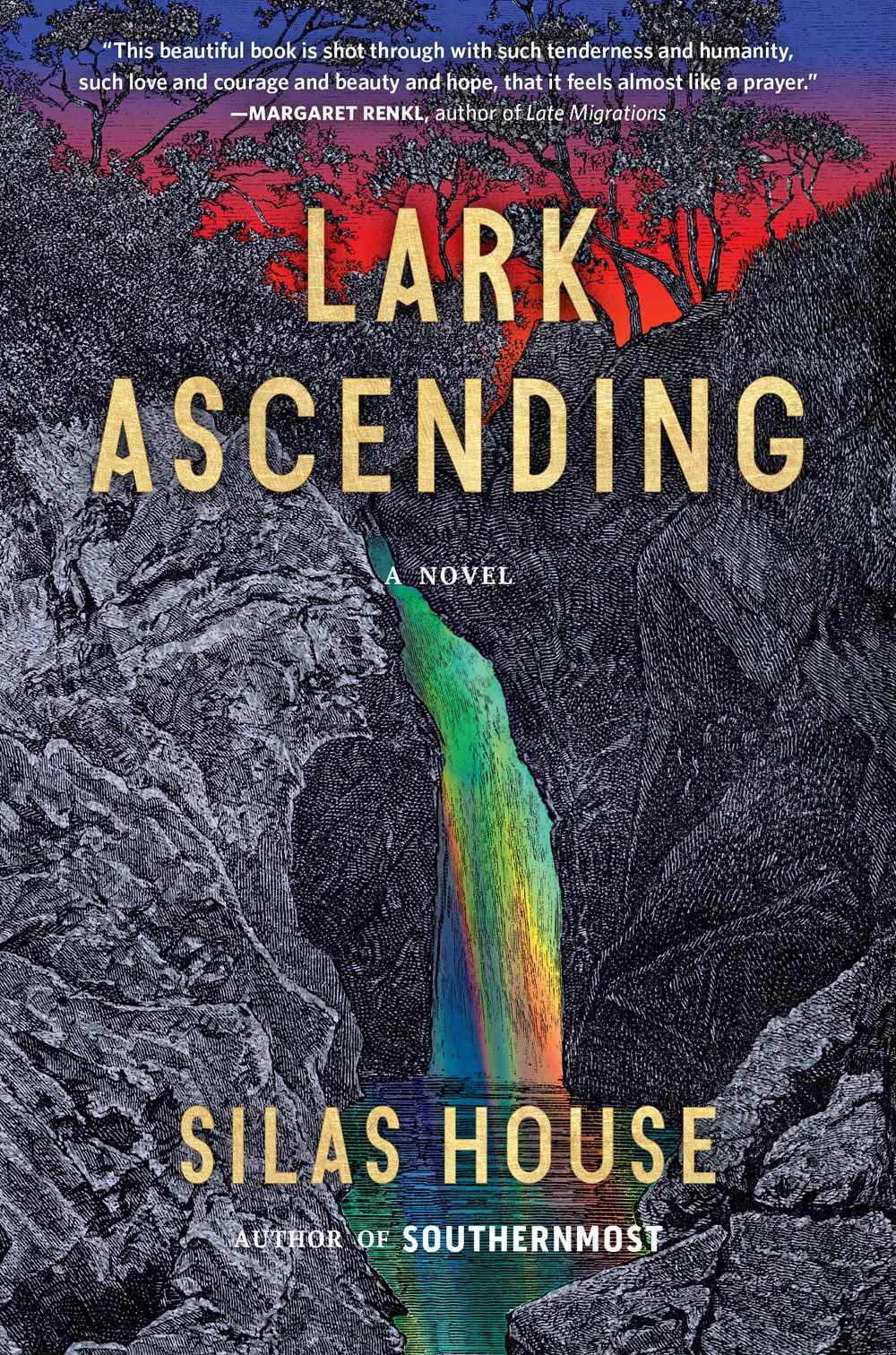 Image de couverture de Lark Ascending par Silas House, avec une cascade aux couleurs de l'arc-en-ciel