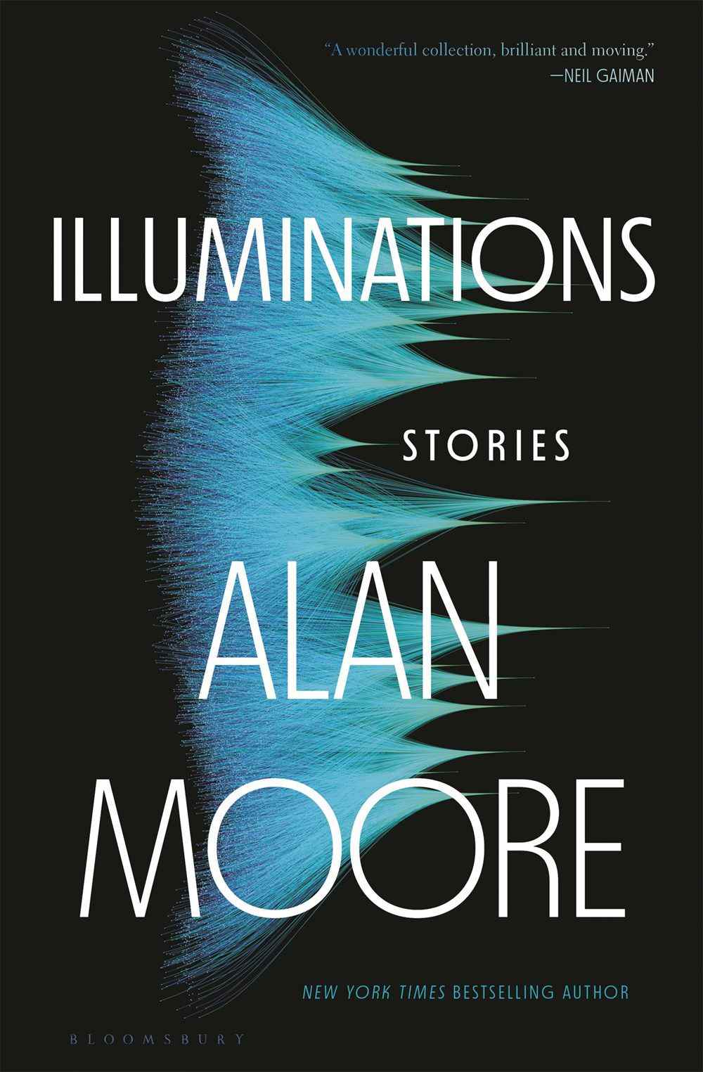 Image de couverture pour Illuminations d'Alan Moore, avec une image de ce qui ressemble à des pics de montagne bleus sur le côté