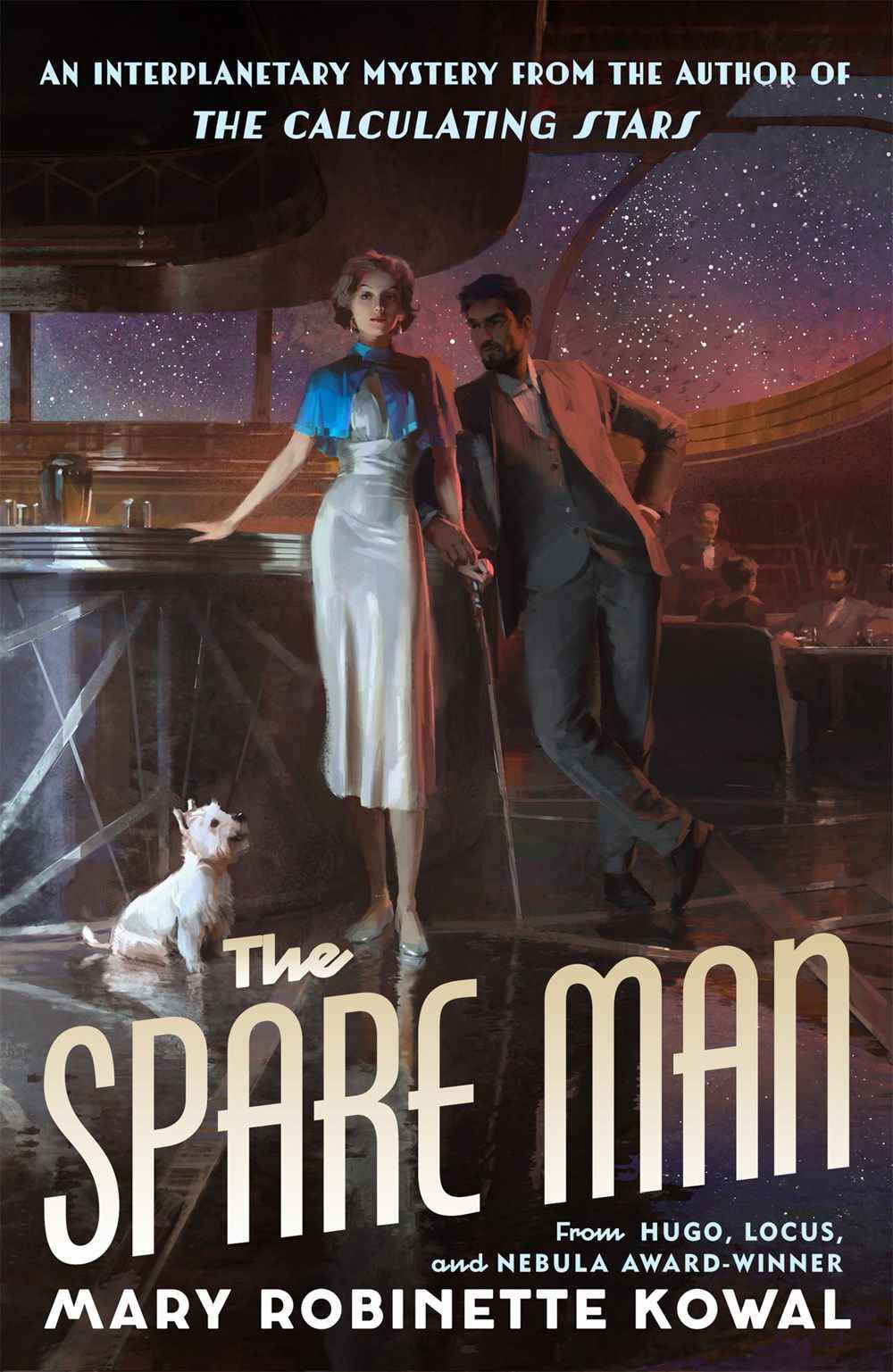 Image de couverture de The Spare Man de Mary Robinette Kowal, avec deux personnages debout devant un bar avec un chien assis à côté d'eux