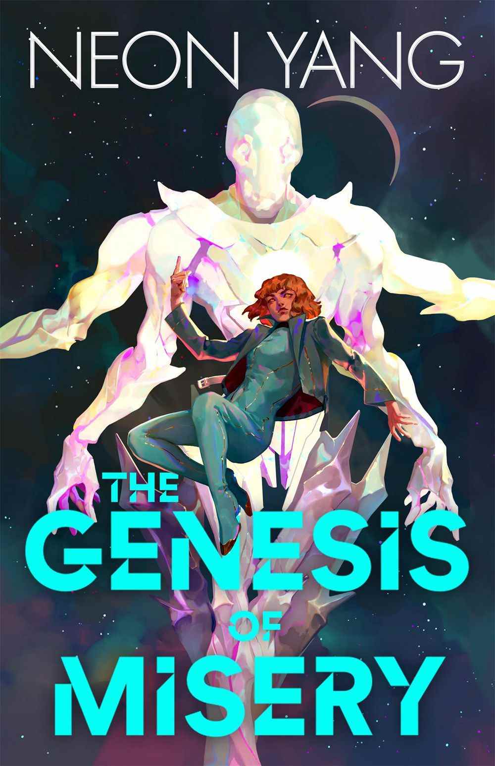 Image de couverture de The Gensis of Misery de Neon Yang, avec une figure humaine posée devant une figure extraterrestre dans l'espace