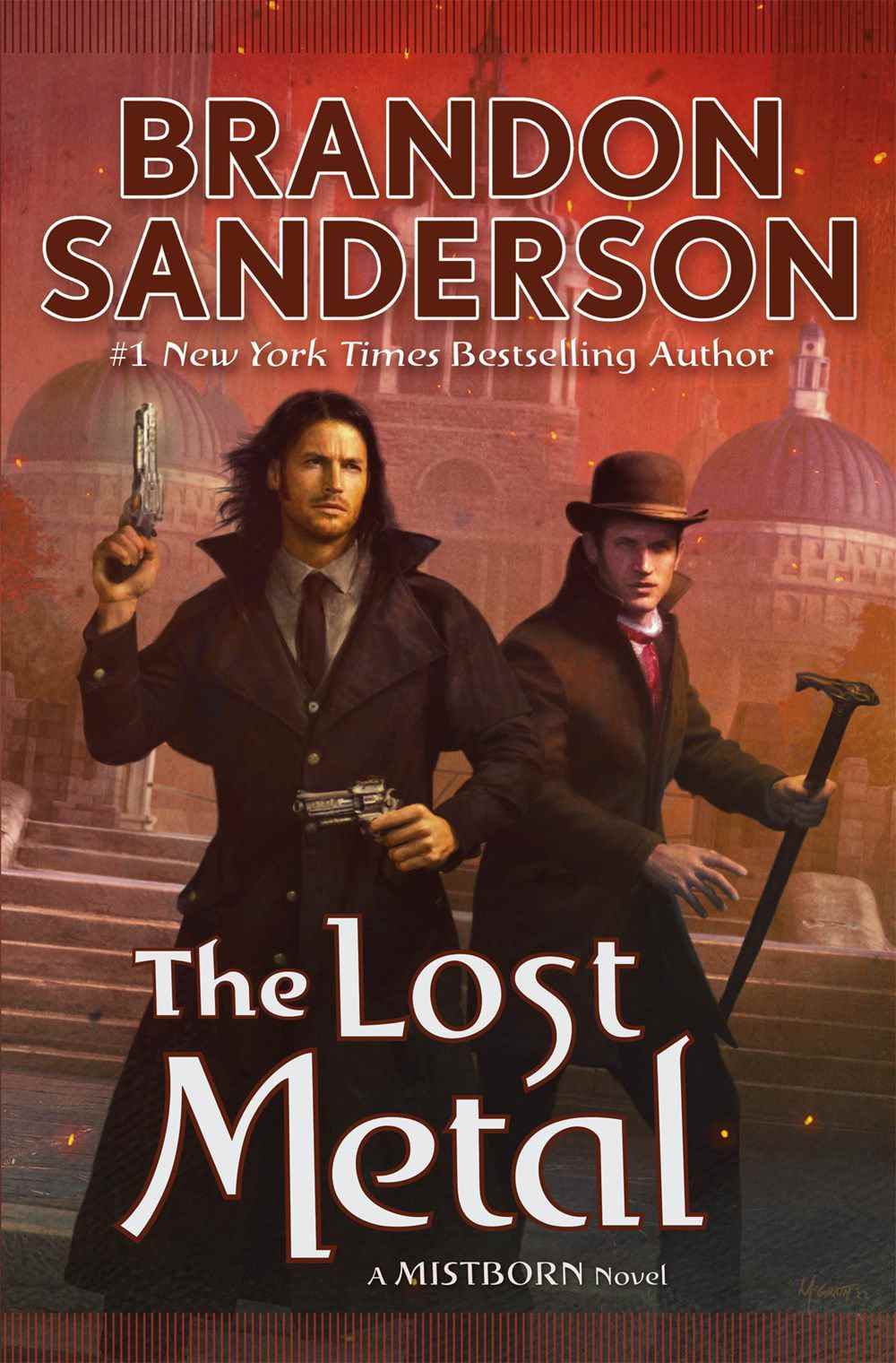 La couverture de The Lost Metal de Brandon Sanderson, avec deux figurines - l'une avec des pistolets à double soudure, l'autre avec un chapeau et une canne.