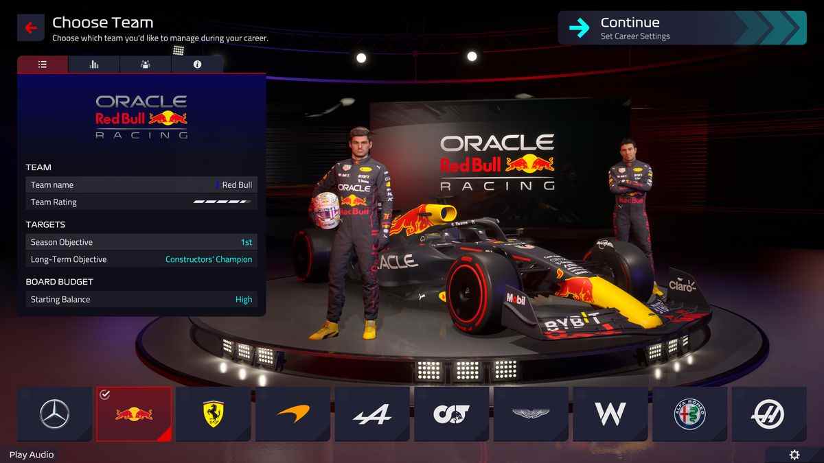 Page de sélection d'équipe dans F1 Manager 22, avec Red Bull sélectionné