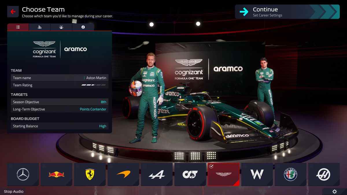 Écran de sélection d'équipe dans F1 Manager 22, avec Aston Martin sélectionné.