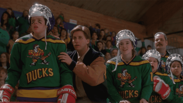 Elden Henson, Emilio Estevez and Marguerite Moreau in The Mighty Ducks