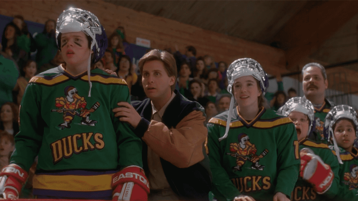 Elden Henson, Emilio Estevez and Marguerite Moreau in The Mighty Ducks