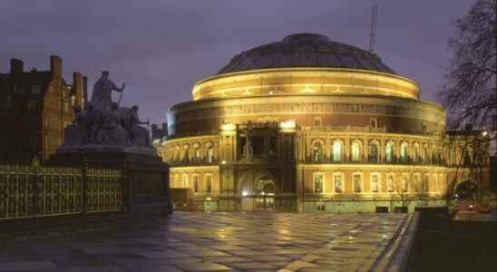 Royal Albert Hall, Kensington Gore, London, 2000. Lit up at night. The Albert Hall, a concert hall seating 8,000 people, was named in memory of Prince Albert. Built to designs by Francis Fowke, it was opened in 1871, 10 years after Albert