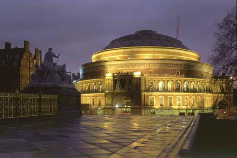 Royal Albert Hall, Kensington Gore, London, 2000. Lit up at night. The Albert Hall, a concert hall seating 8,000 people, was named in memory of Prince Albert. Built to designs by Francis Fowke, it was opened in 1871, 10 years after Albert