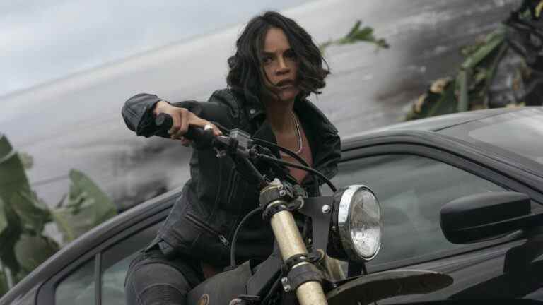 Michelle Rodriguez riding motorcycle in F9