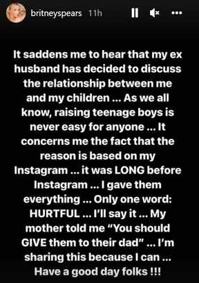 Britney Spears a partagé un message sur Instagram suite aux critiques de son ex-mari Kevin Federline sur leurs deux enfants adolescents.