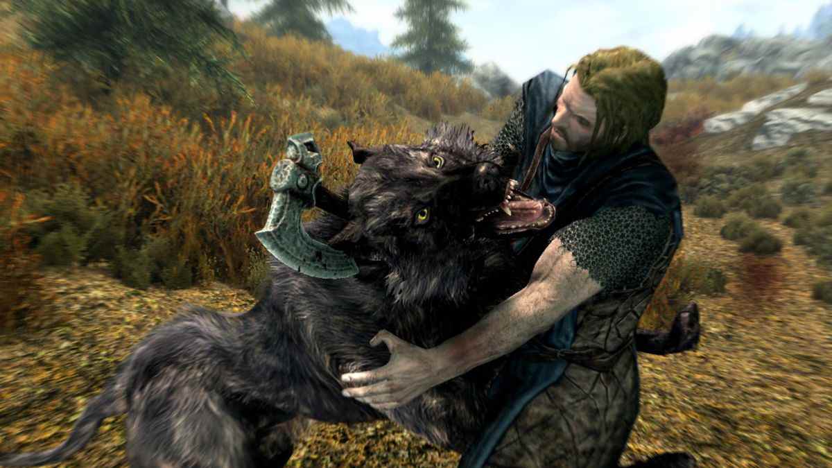 Skyrim man fighting wolf