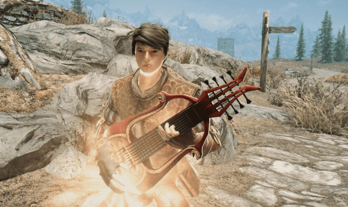 A bard casting a spell in Skyrim