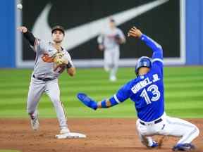 Terrin Vavra des Orioles de Baltimore tourne un double jeu contre Lourdes Gurriel Jr. des Blue Jays de Toronto lors de la troisième manche au Rogers Centre le 15 août 2022 à Toronto, Ontario, Canada.